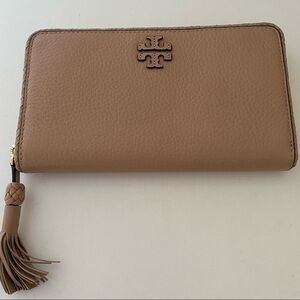 Tory Burch tan nude saddle leather accordion zip around wallet